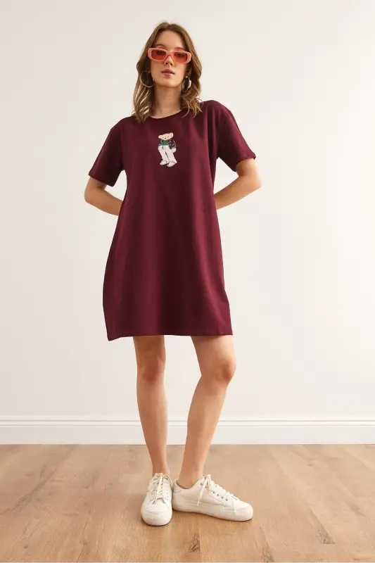 Women's Burgundy Teddy Bear Printed Tunic Dress ELB-190023 - 5