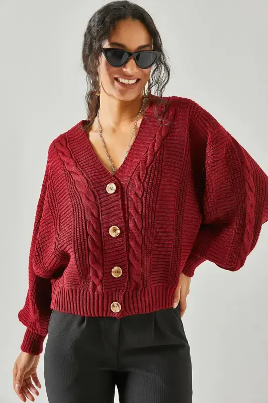 Women's Burgundy Thick Braided Knit Cardigan HRK-19000082-Burgundy - OLALOOK