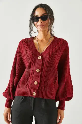 Women's Burgundy Thick Braided Knit Cardigan HRK-19000082-Burgundy - OLALOOK (1)
