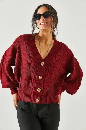 Women's Burgundy Thick Braided Knit Cardigan HRK-19000082-Burgundy - 3