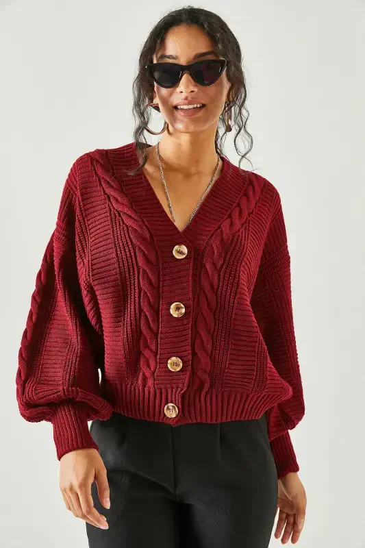Women's Burgundy Thick Braided Knit Cardigan HRK-19000082-Burgundy - 4