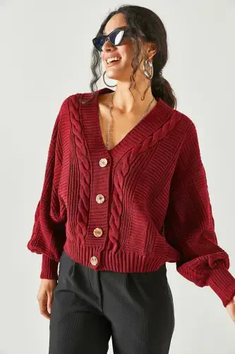 Women's Burgundy Thick Braided Knit Cardigan HRK-19000082-Burgundy - 5