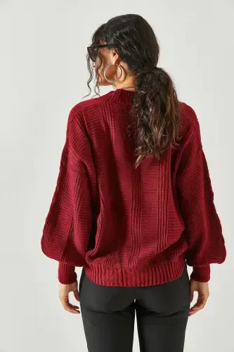 Women's Burgundy Thick Braided Knit Cardigan HRK-19000082-Burgundy - 6