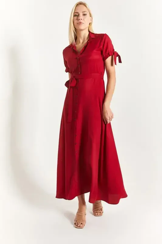 Women's Burgundy Tie Sleeve Belted Waist Shirt Dress Arm-23y001004-Burgundy - 1
