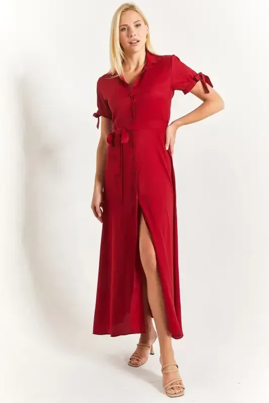 Women's Burgundy Tie Sleeve Belted Waist Shirt Dress Arm-23y001004-Burgundy - 2