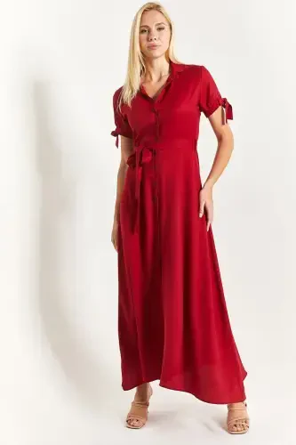 Women's Burgundy Tie Sleeve Belted Waist Shirt Dress Arm-23y001004-Burgundy - 3