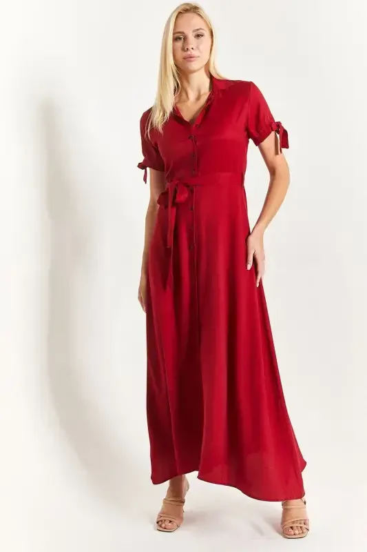 Women's Burgundy Tie Sleeve Belted Waist Shirt Dress Arm-23y001004-Burgundy - 3