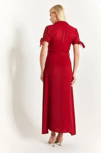 Women's Burgundy Tie Sleeve Belted Waist Shirt Dress Arm-23y001004-Burgundy - 4