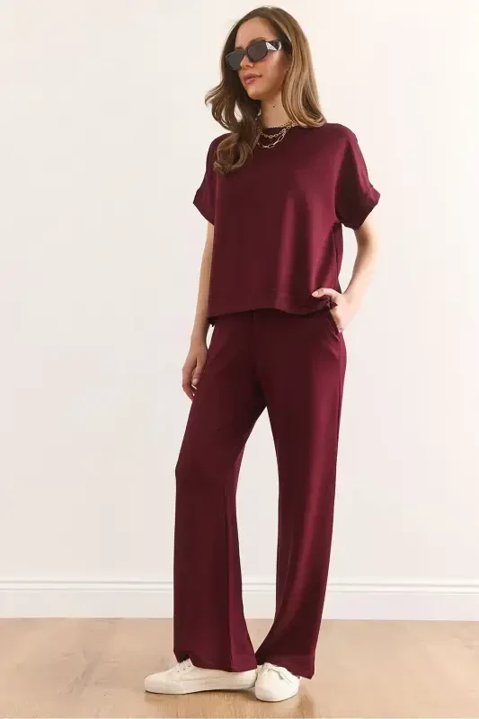 Women's Burgundy Top Blouse Pocketed Bottom Pants Suit TKM- - 1