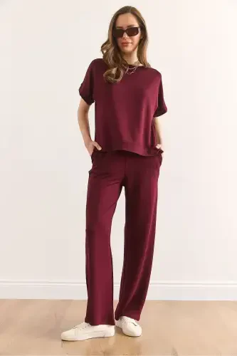 Women's Burgundy Top Blouse Pocketed Bottom Pants Suit TKM- - 2
