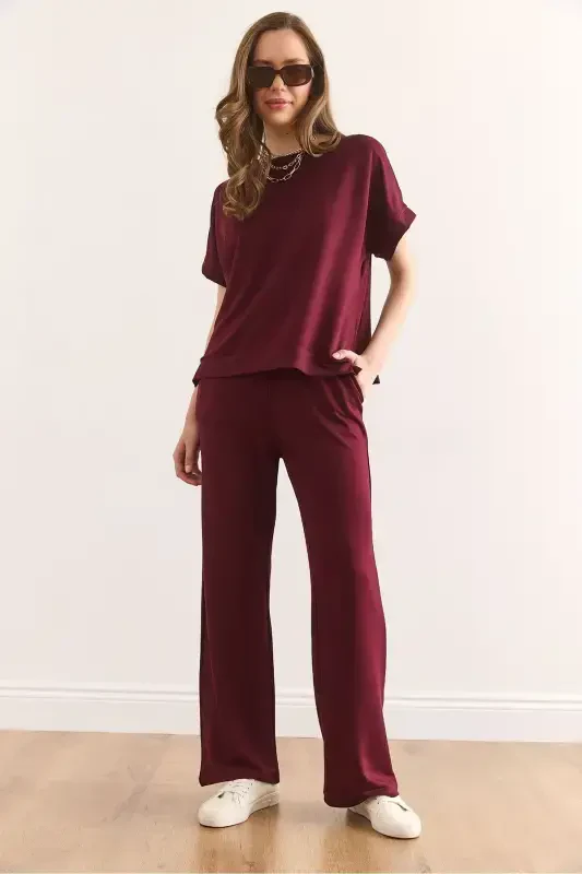 Women's Burgundy Top Blouse Pocketed Bottom Pants Suit TKM- - 3
