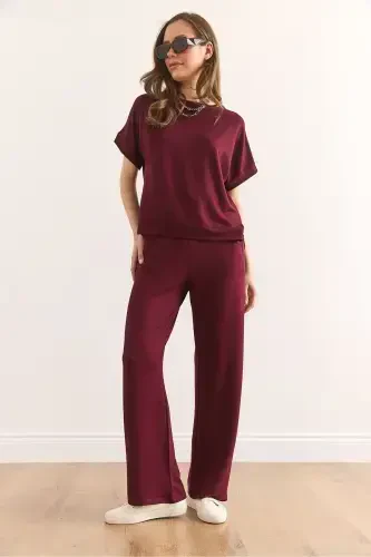 Women's Burgundy Top Blouse Pocketed Bottom Pants Suit TKM- - 6