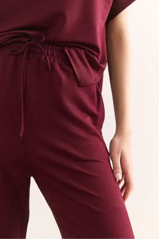 Women's Burgundy Top Blouse Pocketed Bottom Pants Suit TKM- - 7