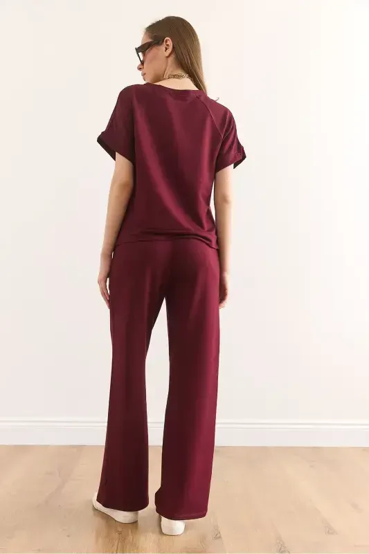 Women's Burgundy Top Blouse Pocketed Bottom Pants Suit TKM- - 8