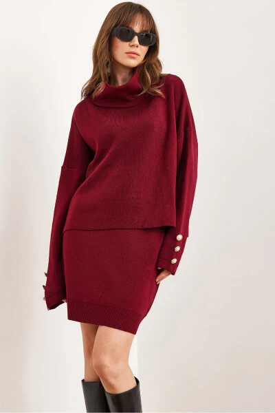 Women's Burgundy Top Button Detail Sweater Pleated Skirt Knit Suit TKM-19000329 - 1