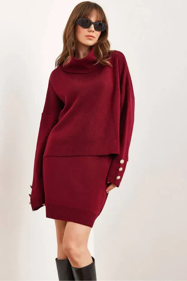 Women's Burgundy Top Button Detail Sweater Pleated Skirt Knit Suit TKM-19000329 - 1