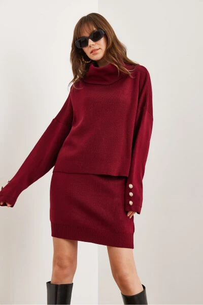 Women's Burgundy Top Button Detail Sweater Pleated Skirt Knit Suit TKM-19000329 - 3