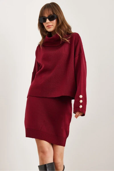 Women's Burgundy Top Button Detail Sweater Pleated Skirt Knit Suit TKM-19000329 - 4