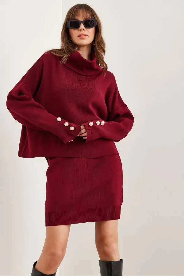 Women's Burgundy Top Button Detail Sweater Pleated Skirt Knit Suit TKM-19000329 - 5