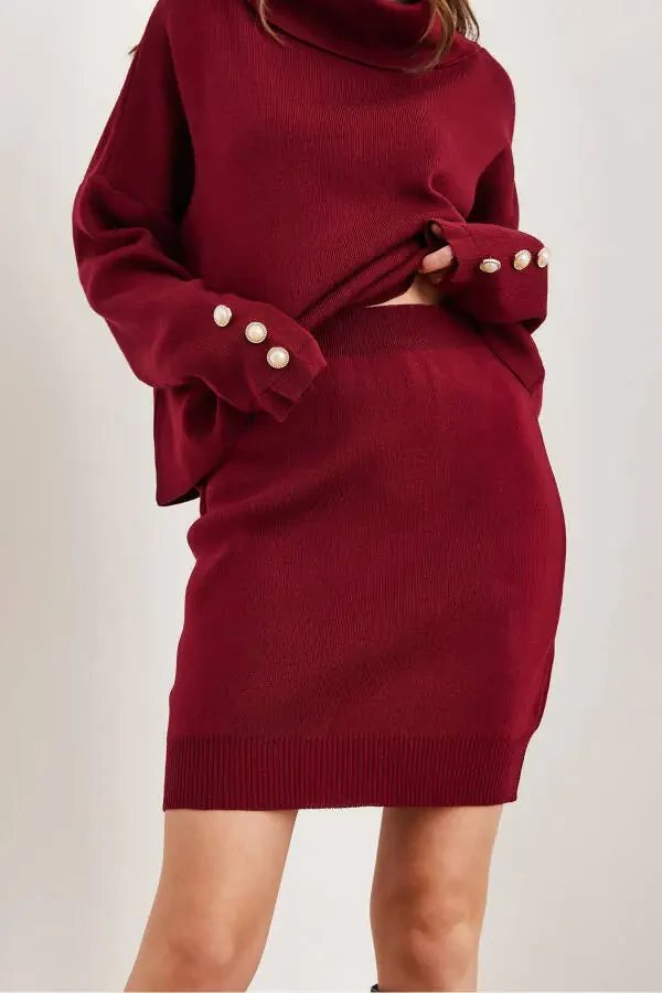 Women's Burgundy Top Button Detail Sweater Pleated Skirt Knit Suit TKM-19000329 - 6