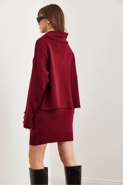 Women's Burgundy Top Button Detail Sweater Pleated Skirt Knit Suit TKM-19000329 - 7