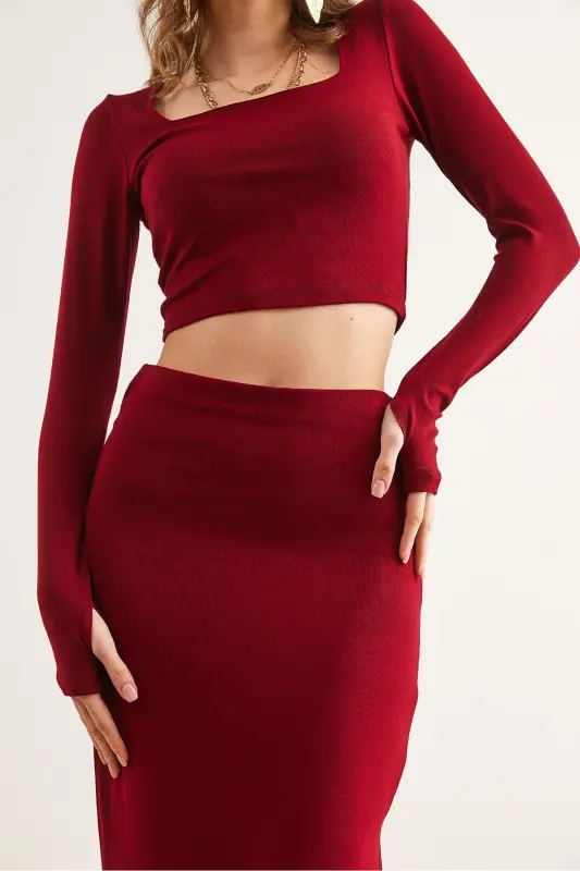 Women's Burgundy Top Fingerless Blouse Slit Hem Skirt T - 5