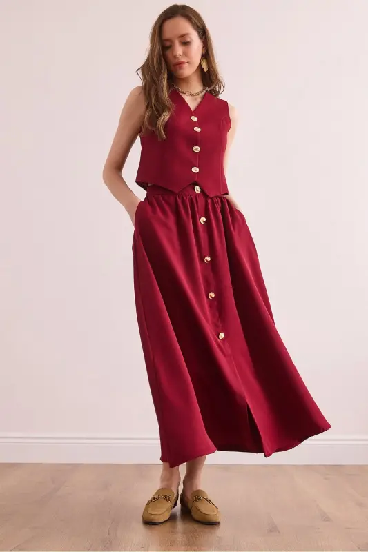 Women's Burgundy Top Lined Vest Bottom Buttoned Flared Skirt - 1