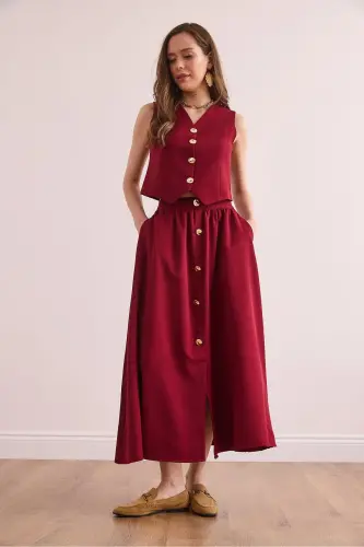 Women's Burgundy Top Lined Vest Bottom Buttoned Flared Skirt - OLALOOK (1)