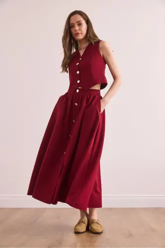 Women's Burgundy Top Lined Vest Bottom Buttoned Flared Skirt - 3