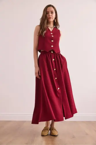 Women's Burgundy Top Lined Vest Bottom Buttoned Flared Skirt - 4
