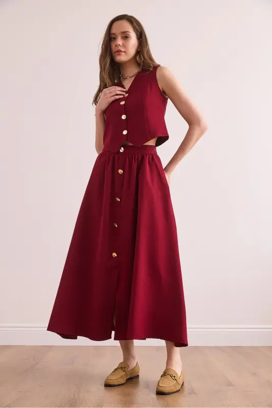Women's Burgundy Top Lined Vest Bottom Buttoned Flared Skirt - 5