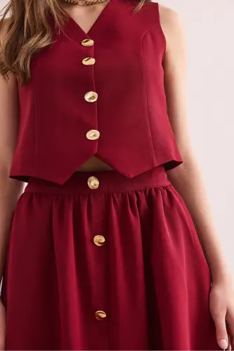 Women's Burgundy Top Lined Vest Bottom Buttoned Flared Skirt - 6