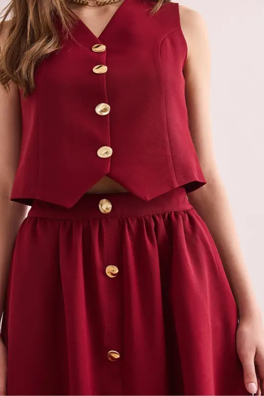 Women's Burgundy Top Lined Vest Bottom Buttoned Flared Skirt - 6