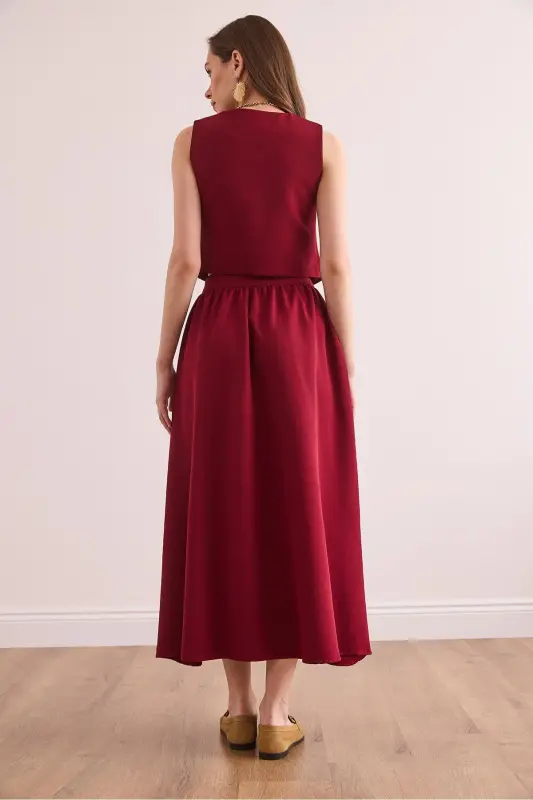 Women's Burgundy Top Lined Vest Bottom Buttoned Flared Skirt - 7