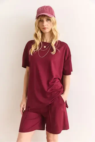 Women's Burgundy Top Oval T-shirt Bottom Pocketed Shorts Set T - 5