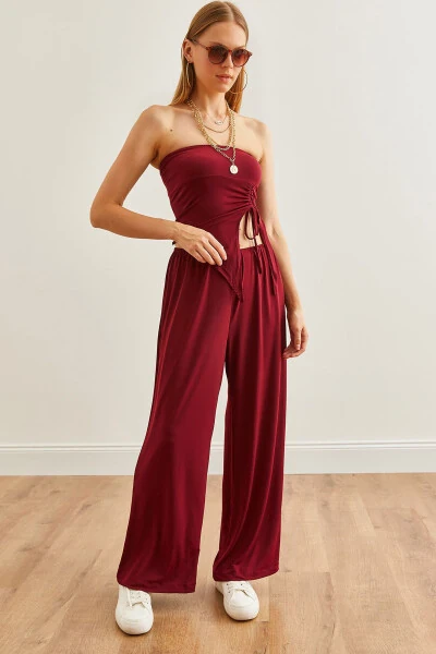 Women's Burgundy Top Strapless Asymmetric Blouse with Palazzo Pants Set TKM-19000299 - OLALOOK