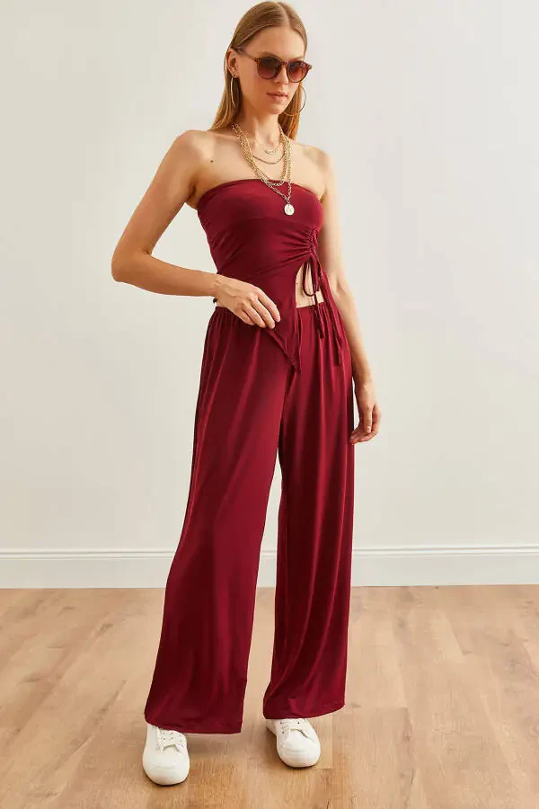 Women's Burgundy Top Strapless Asymmetric Blouse with Palazzo Pants Set TKM-19000299 - 1