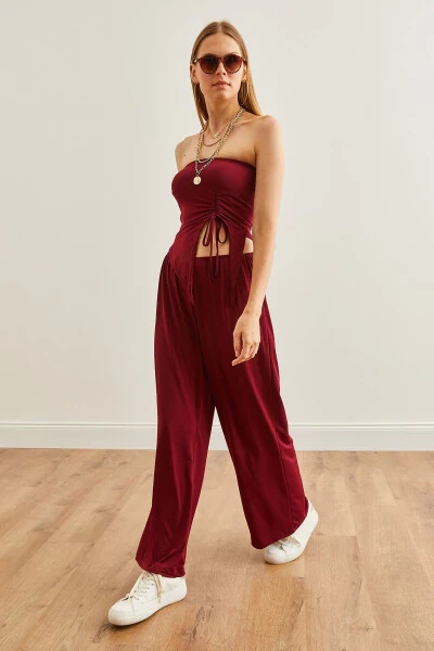 Women's Burgundy Top Strapless Asymmetric Blouse with Palazzo Pants Set TKM-19000299 - 4