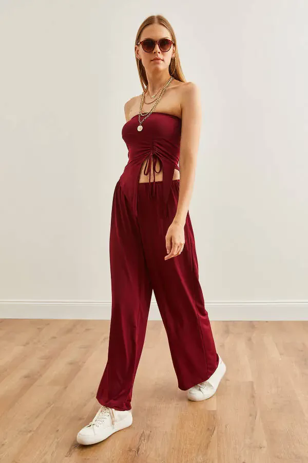 Women's Burgundy Top Strapless Asymmetric Blouse with Palazzo Pants Set TKM-19000299 - 4