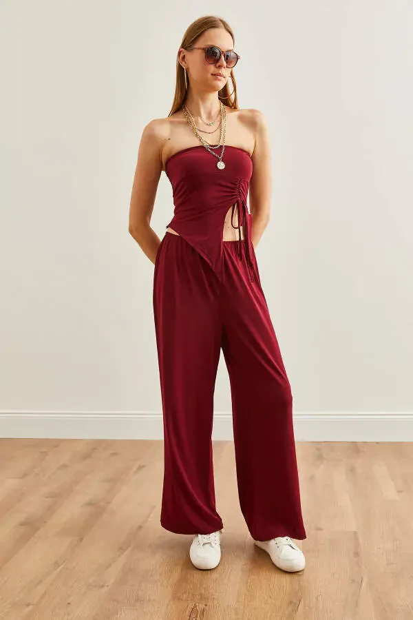 Women's Burgundy Top Strapless Asymmetric Blouse with Palazzo Pants Set TKM-19000299 - 6