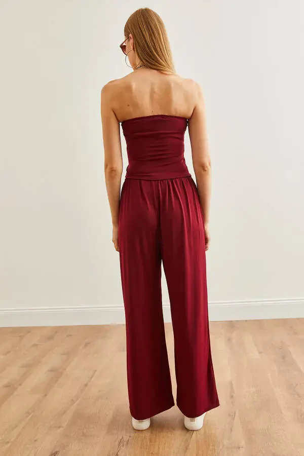 Women's Burgundy Top Strapless Asymmetric Blouse with Palazzo Pants Set TKM-19000299 - 7