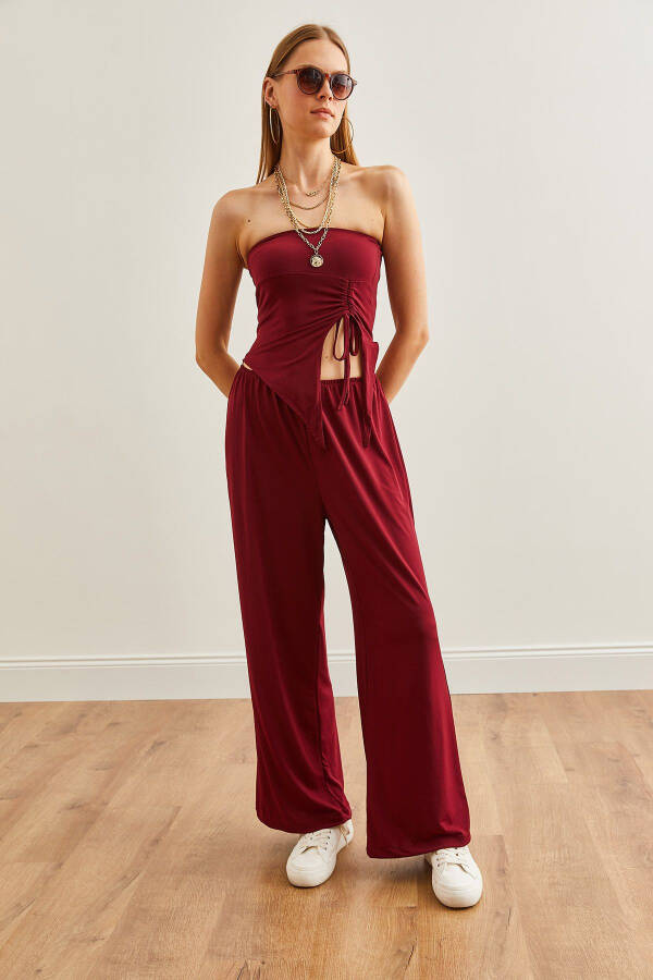 Women's Burgundy Top Strapless Asymmetric Blouse with Palazzo Pants Set TKM-19000299 - 3