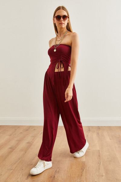 Women's Burgundy Top Strapless Asymmetric Blouse with Palazzo Pants Set TKM-19000299 - 4