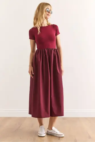 Women's Burgundy Trimmed Short Sleeve Midi Dress ELB-19002 - 1