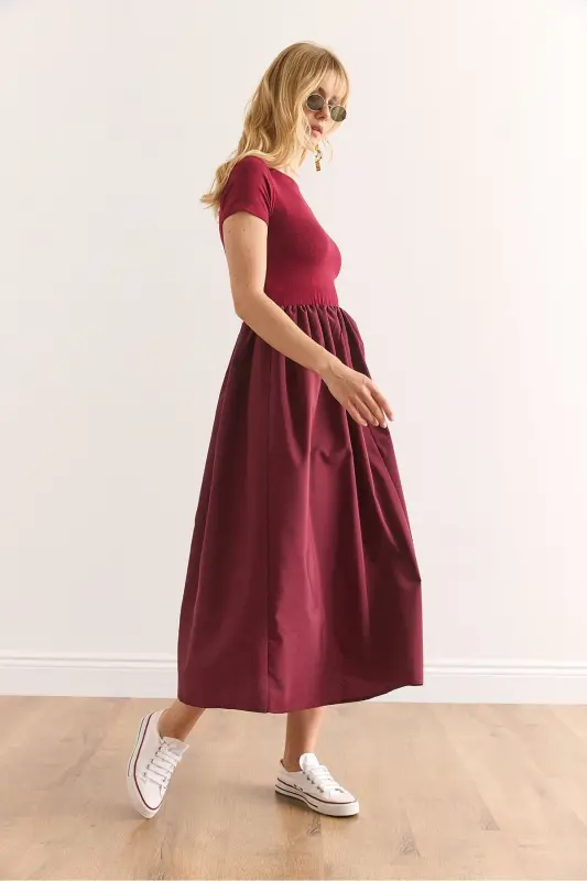 Women's Burgundy Trimmed Short Sleeve Midi Dress ELB-19002 - 2