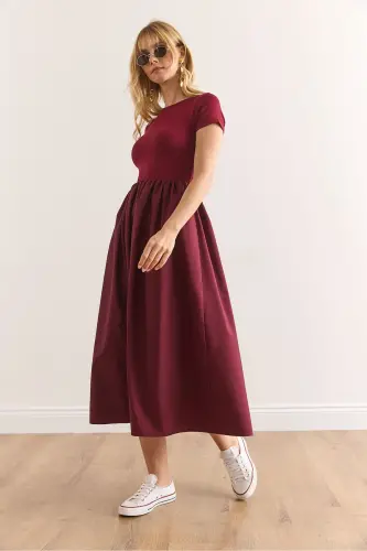Women's Burgundy Trimmed Short Sleeve Midi Dress ELB-19002 - 3