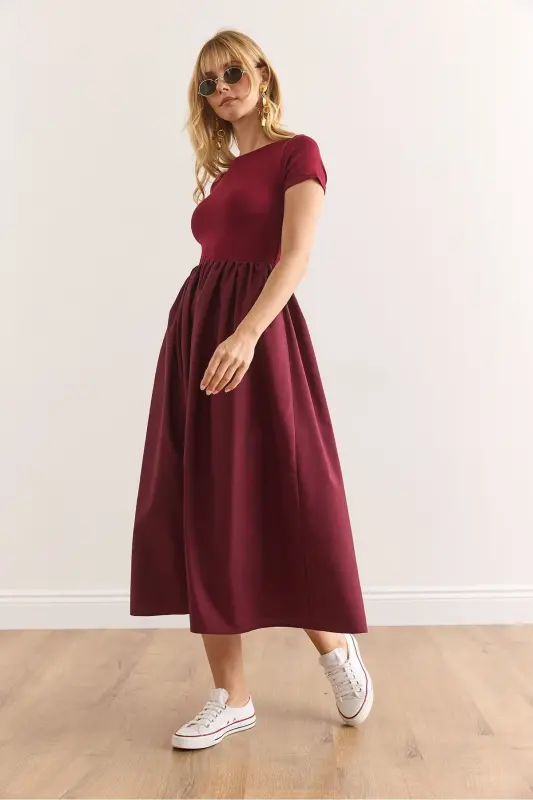 Women's Burgundy Trimmed Short Sleeve Midi Dress ELB-19002 - 3