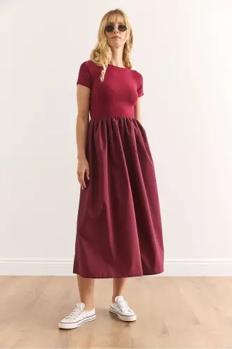 Women's Burgundy Trimmed Short Sleeve Midi Dress ELB-19002 - 4