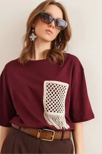 Women's Burgundy Trimmed T-Shirt TSH-19000768-Burgundy 