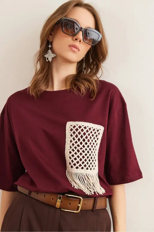 Women's Burgundy Trimmed T-Shirt TSH-19000768-Burgundy - 1